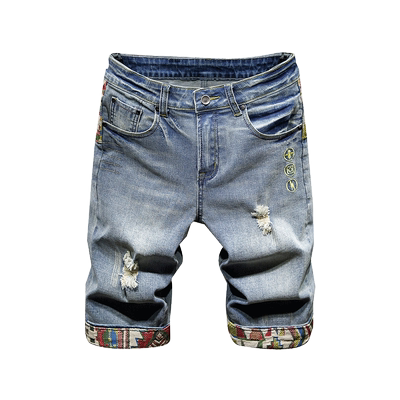 复古牛仔裤男宽松白色五分短裤子