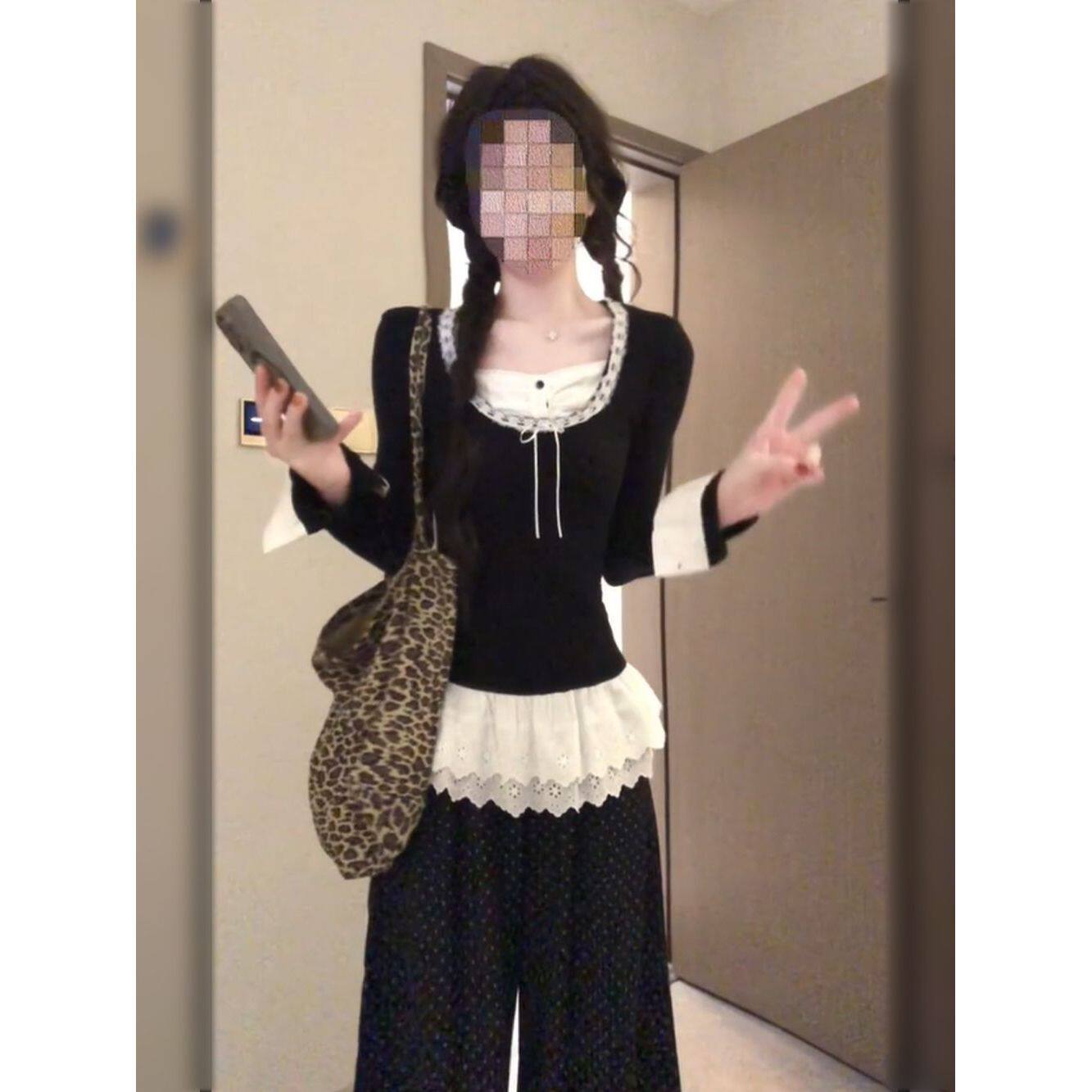 韩系少女蕾丝设计拼接修身假两件上衣黑色波点长裤两件套时尚套装