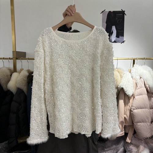 重工亮片蕾丝衫圆领闪闪女9922