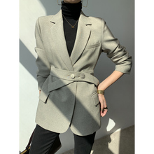 茉兰多格纹麻色小西装外套女收腰系带西服气质休闲设计感小众上衣