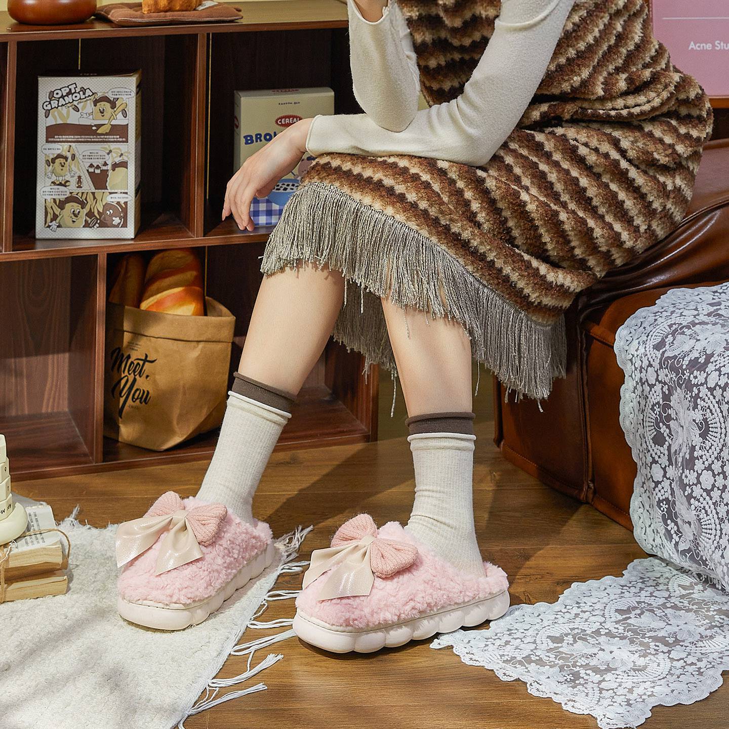蚂蚁之恋冬款新款可爱蝴蝶结居家女款加绒保暖棉拖鞋毛绒舒适包头