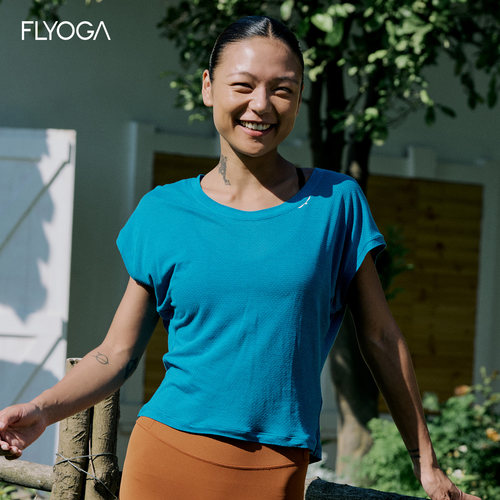 FLYOGA飞蓝瑜伽服透气显瘦运动户外徒步健身速干短袖罩衫上衣女夏