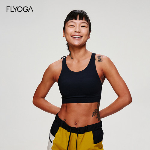 FLYOGA飞蓝瑜伽黑色背心一体式固定杯露背BRA健身普拉提上衣女夏
