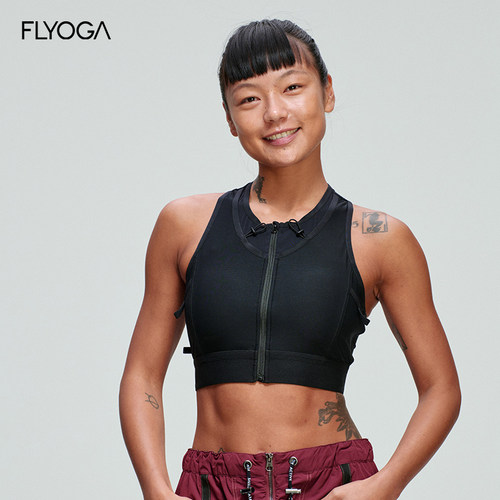 FLYOGA飞蓝瑜伽服短背心一体式固定杯跑步健身攀岩黑色运动上衣女