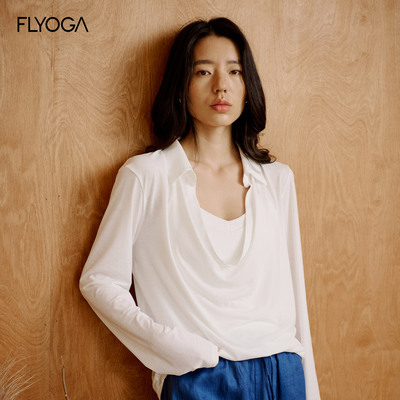 FLYOGA白色荡领长袖针织衫女松弛感极简风瑜伽外套61504