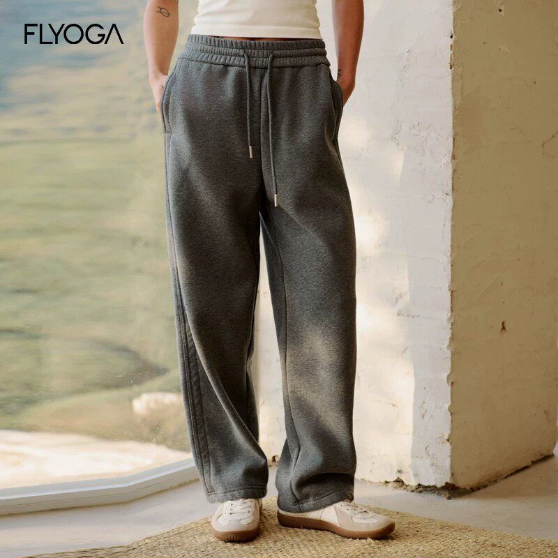FLYOGA飞蓝加绒加厚百搭健身卫裤休闲宽松直筒裤抽绳运动裤女裤子