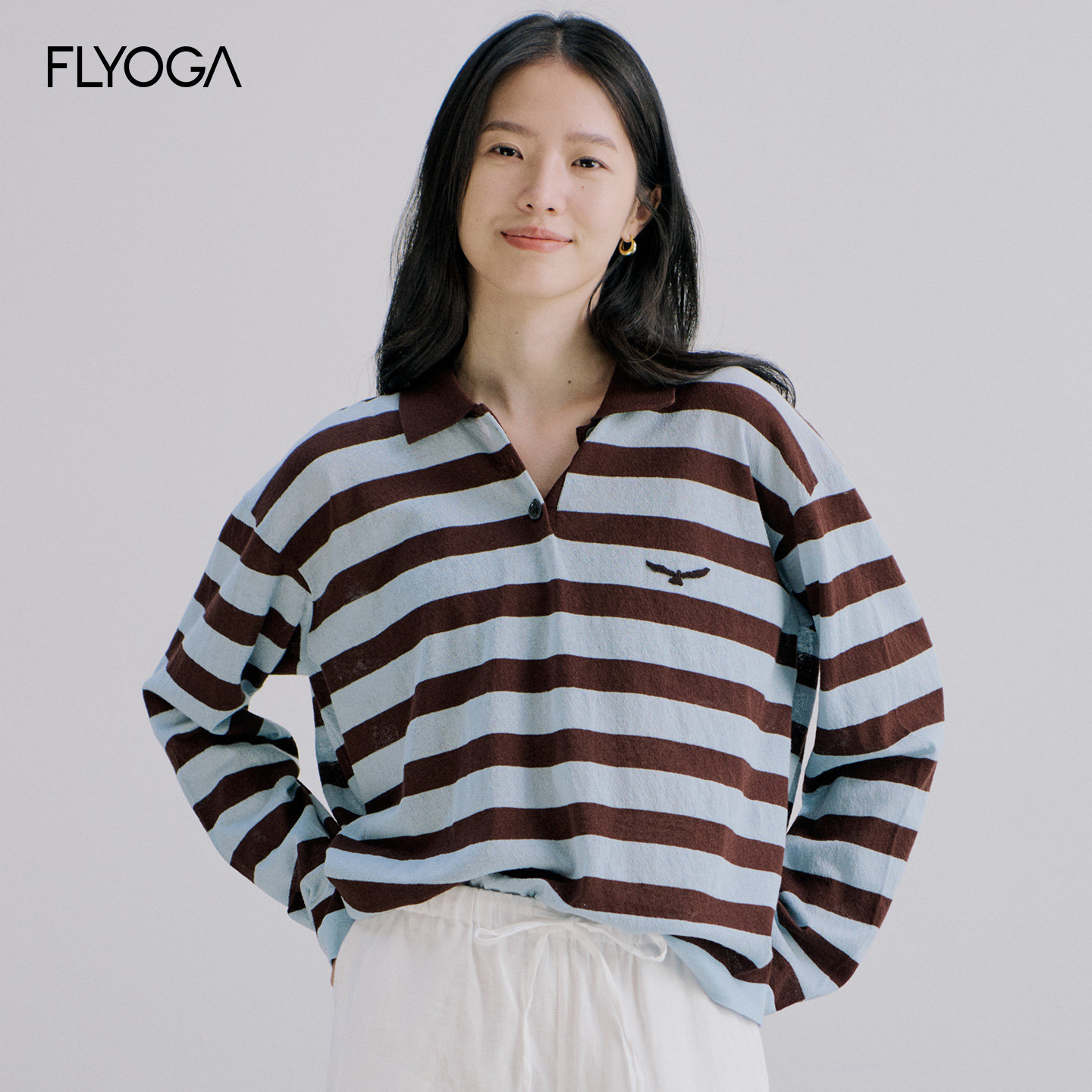 FLYOGA飞蓝宽松罩衫撞色条纹针织T恤棉麻polo针织衫长袖上衣女夏