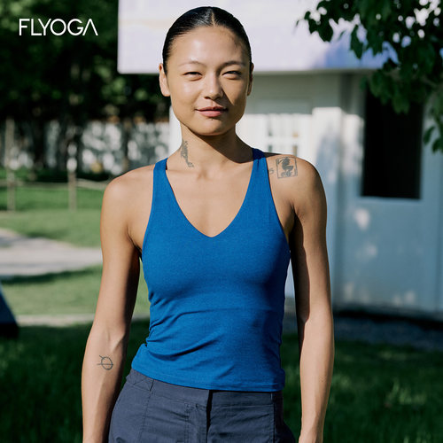 FLYOGA飞蓝瑜伽服一体式固定杯健身普拉提蓝色跑步运动背心上衣女