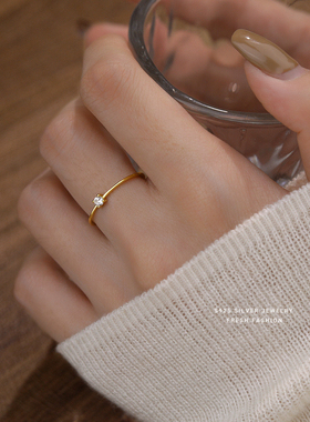 s925纯银金色白锆戒指女简约时尚设计小清新款指环个性开口戒