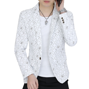 新款男士韩版小西服修身痞帅休闲印花单西春季发型师潮流西装外套