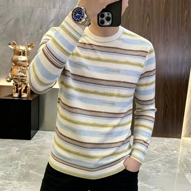 韩版潮牌圆领条纹长袖T恤男春秋季ins风休闲拼色体恤打底衫简约潮