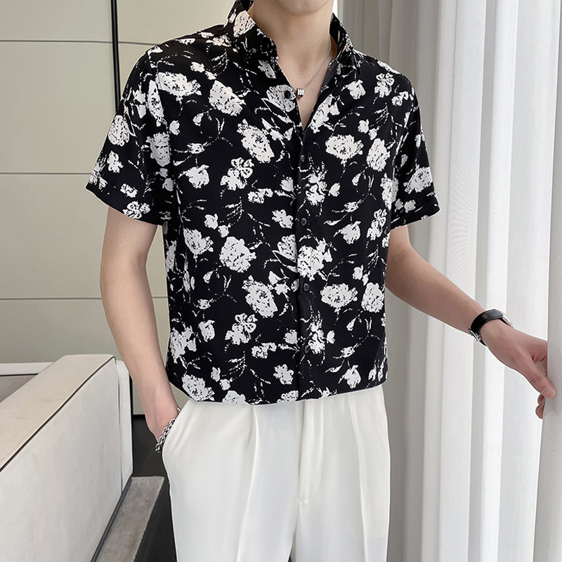 ins短袖玫瑰花衬衫男士韩版修身潮牌帅气休闲衬衣网红夏装寸上衣