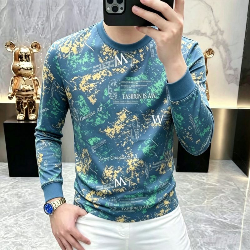 潮牌高级感圆领长袖T恤衫男春秋款印花潮流时尚套头卫衣宽松休闲