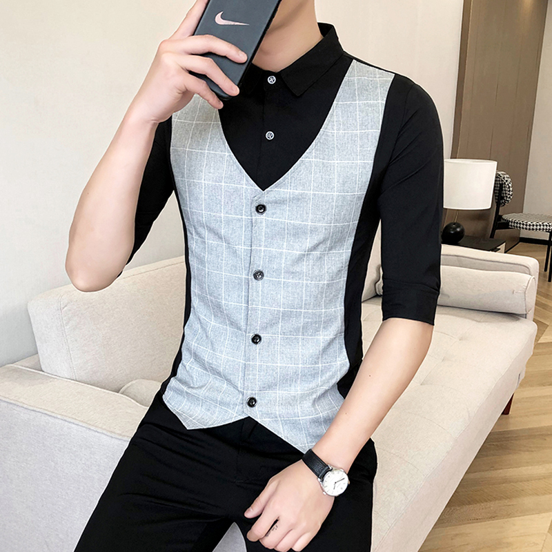 夏季潮流短款马甲衬衣一体假两件七分中袖发型师工装男士时尚衬衫