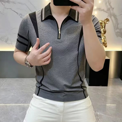 短袖夏季男装轻奢高品质痞帅半拉链翻领POLO衫时尚休闲撞色t恤男