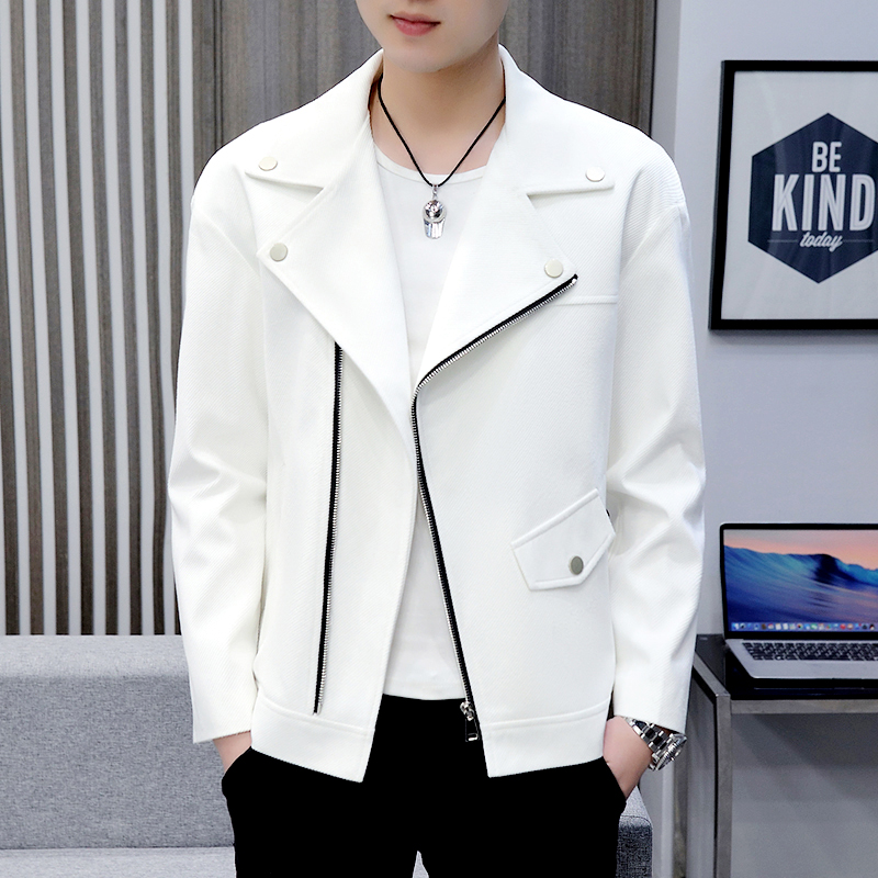 春秋翻领短款男士韩风斜拉链领口