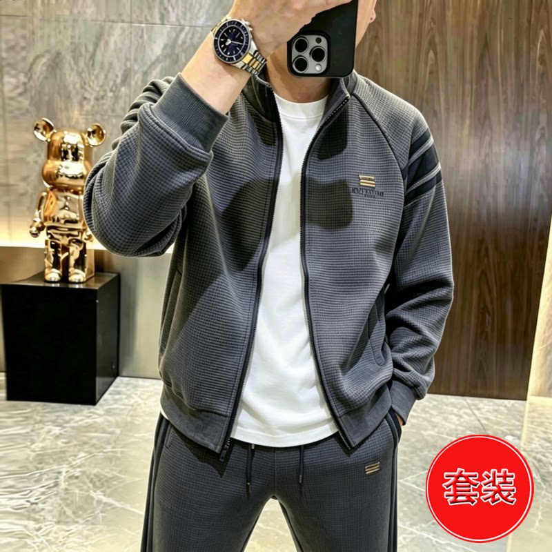 休闲运动服潮流立领卫衣一套装男春秋季刺绣开衫夹克上衣外套长裤