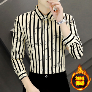 加厚弹力条纹涂鸦痞帅男装 衬衫 男士 长袖 加绒保暖休闲衬衣服 秋冬季