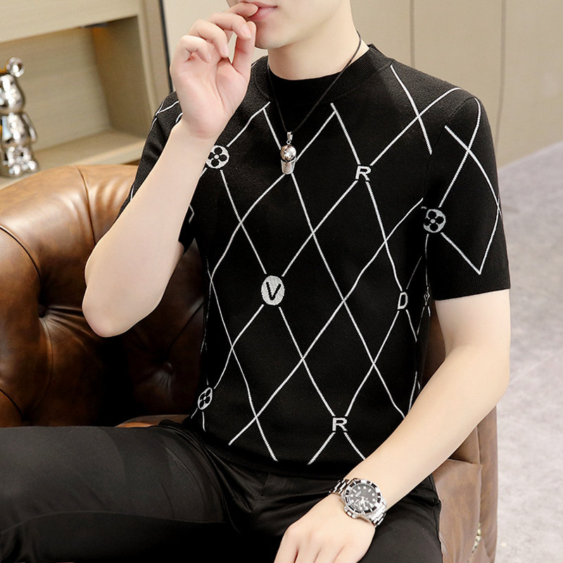 欧洲站短袖格子毛衣男士2025春秋冬季修身提花内搭针织衫半袖t恤