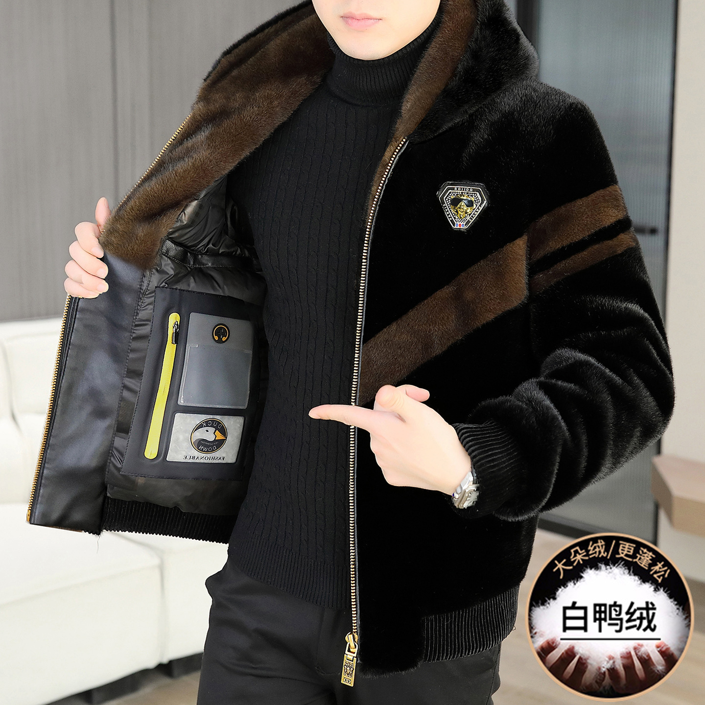 白鸭绒羽绒服外套男士冬季加厚连帽貂绒大衣青年高端保暖皮草夹克
