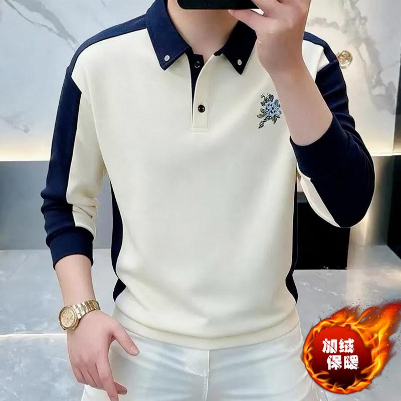 秋冬季加绒加厚长袖卫衣潮流时尚撞色休闲翻领内搭男士刺绣POLO衫