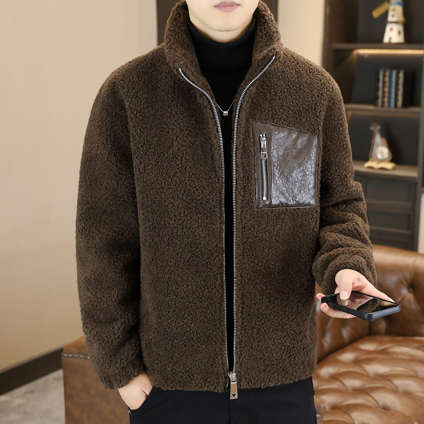 高品质立领羊羔绒夹克男士秋冬季加厚保暖颗粒绒皮毛一体棉衣外套