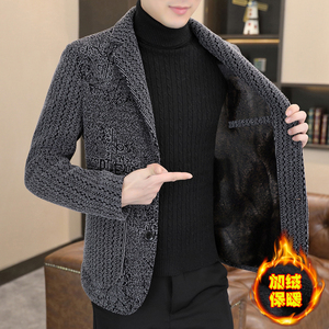 男士高级感加绒加厚毛呢西装冬季潮牌痞帅青年金貂绒呢子西服外套