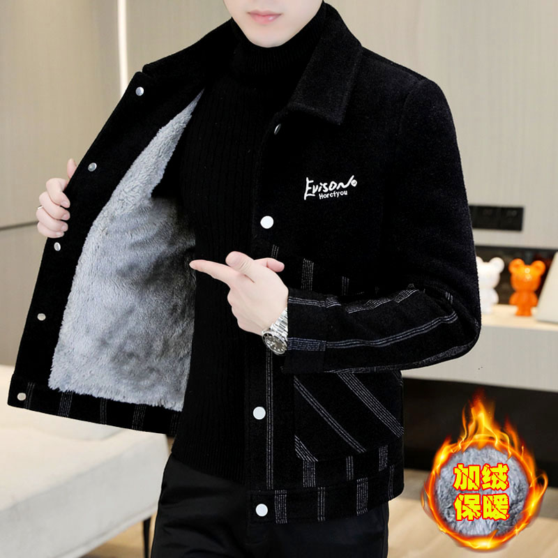 潮牌翻领冬天修身型拼接烫金外套