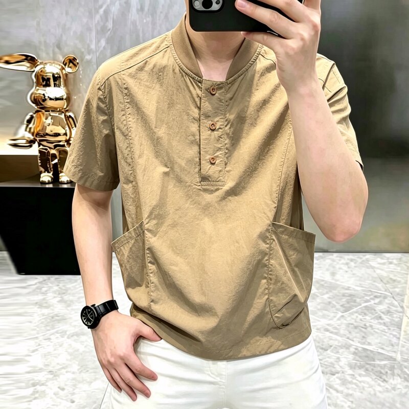 小众休闲薄款立领工装短袖T恤男夏季ins潮牌体恤个性街舞速干上衣