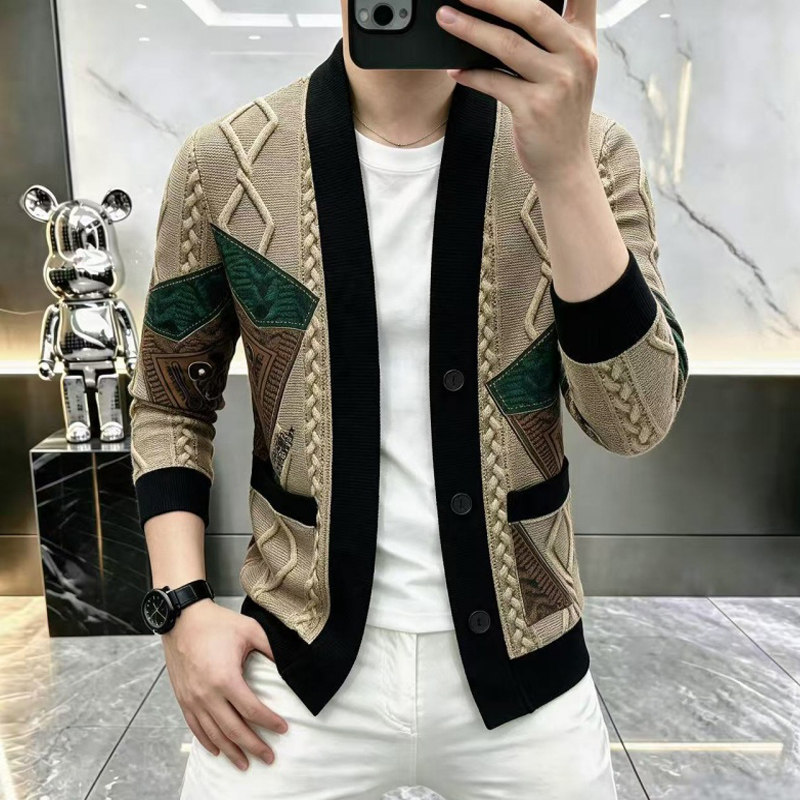欧货潮牌时尚针织纹理感夹克男士春秋季个性潮流开衫外套休闲披风