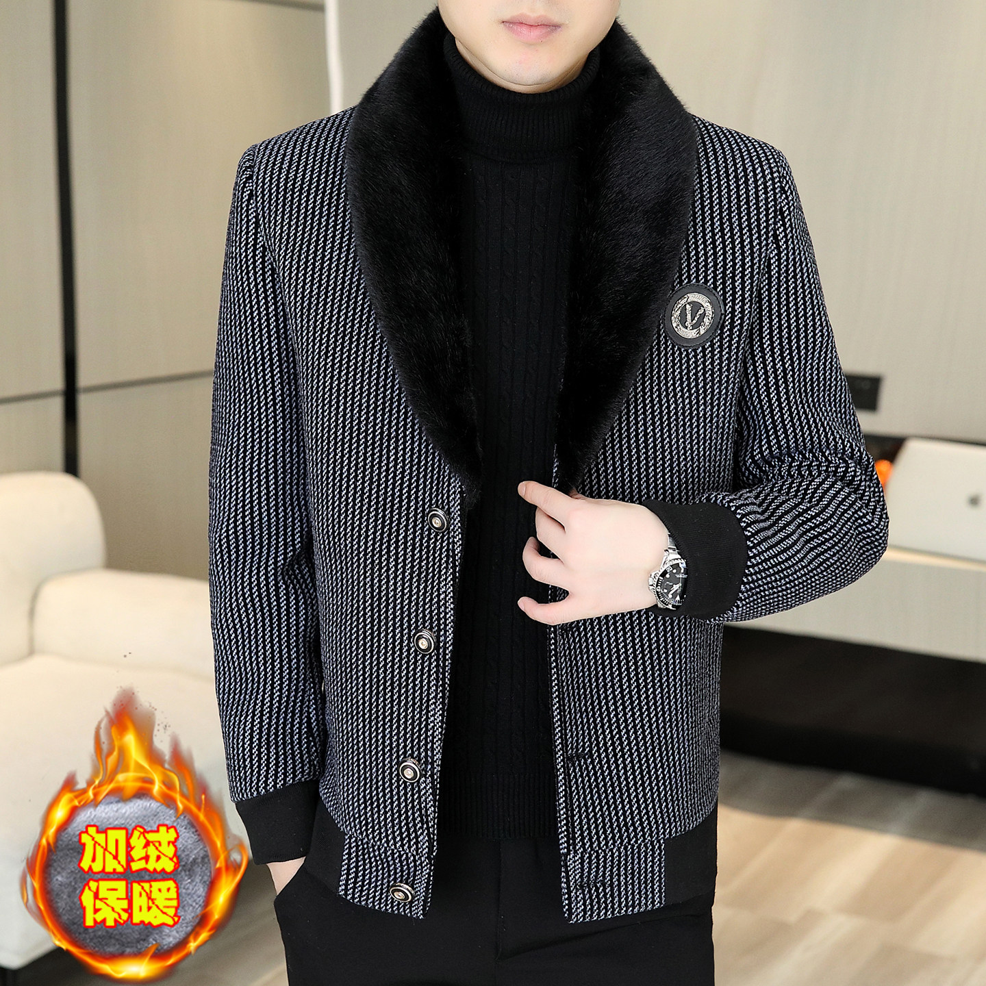 男士休闲短款金貂绒风衣外套加绒加厚秋冬季翻毛领保暖毛呢子夹克