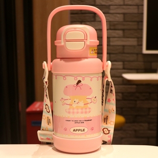 手提式背带保温吸管杯双饮水壶户外便携大容量旅行杯子学生儿童女