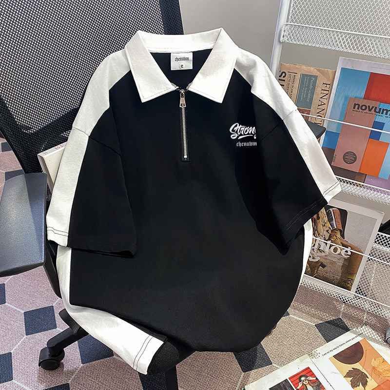 CHENUVM重磅美式纯棉polo衫半拉链短袖T恤男女款夏季宽松ins潮牌
