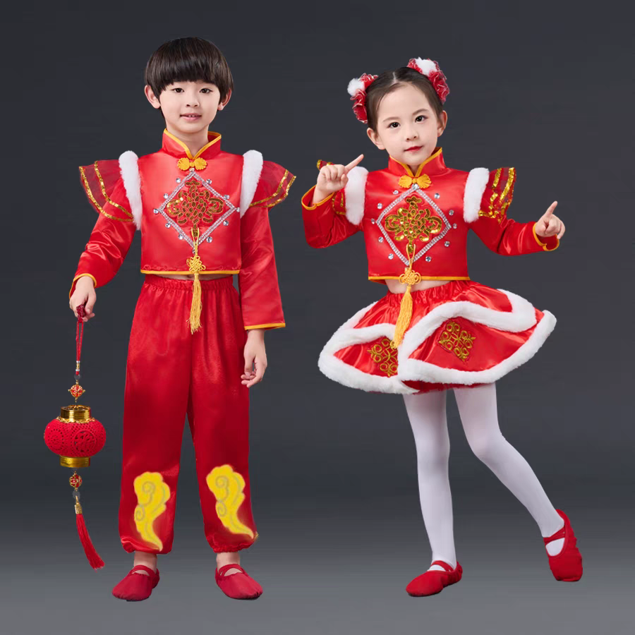 儿童中国红演出服男女童新年舞蹈打鼓秧歌表演服元旦喜庆服装灯笼
