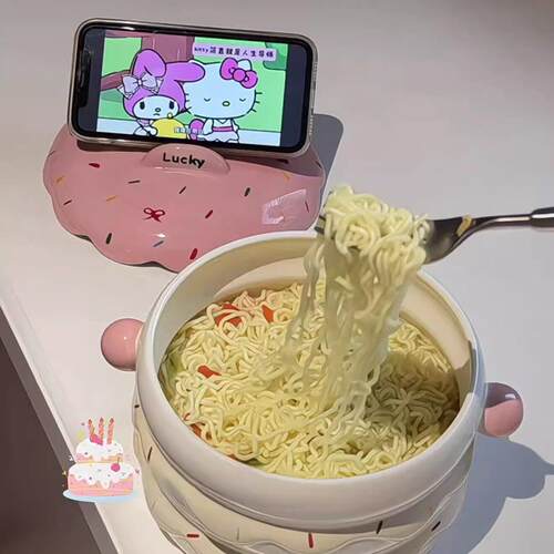 陶瓷蛋糕泡面碗带盖子居家追剧手机架大容量可爱餐具螺蛳粉汤面碗