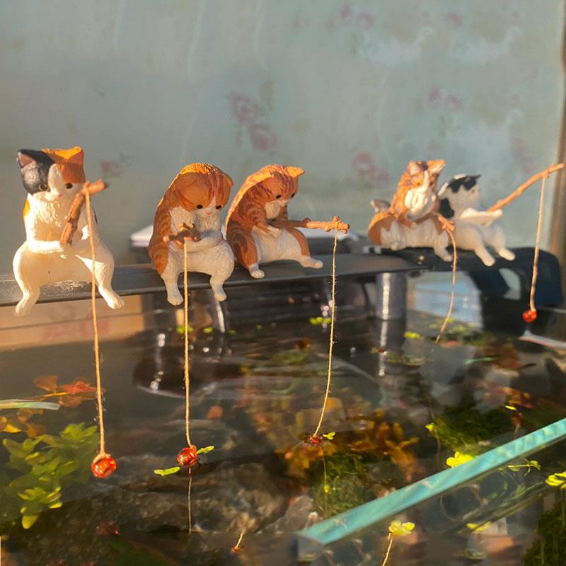 小猫钓鱼鱼缸摆件装饰造景创意客厅装饰品小治愈迷你可爱仿真布置