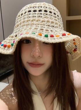 多巴胺彩珠草帽大帽檐遮阳帽女生高颜值ins沙滩夏季透气海边帽子