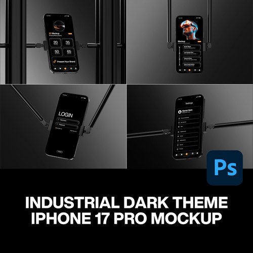 4款工业风iPhone 17苹果手机App应用UI设计作品展示效果图ps样机