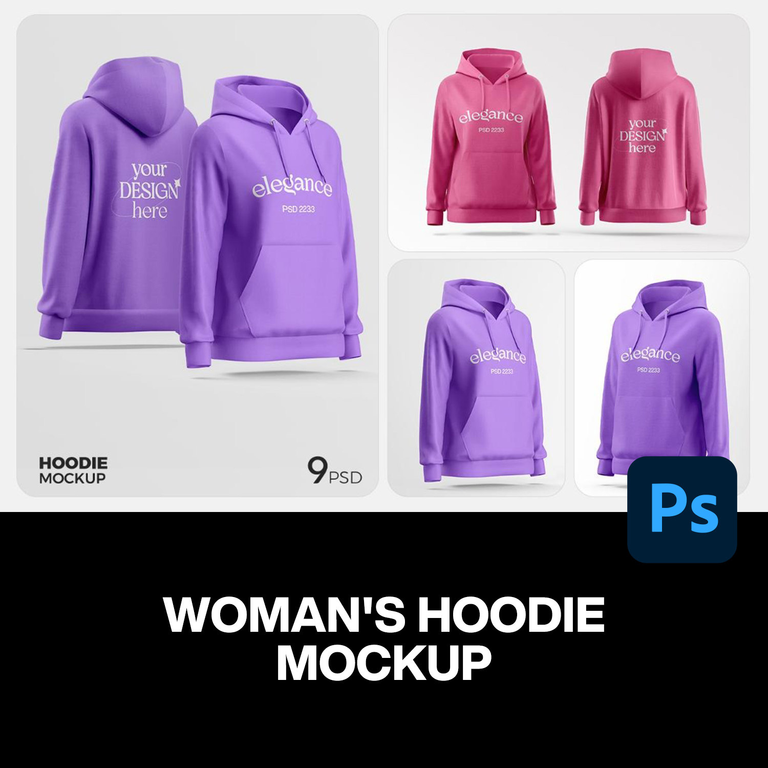 9款女上衣长袖连帽衫休闲运动卫衣服装设计展示效果图ps样机素材