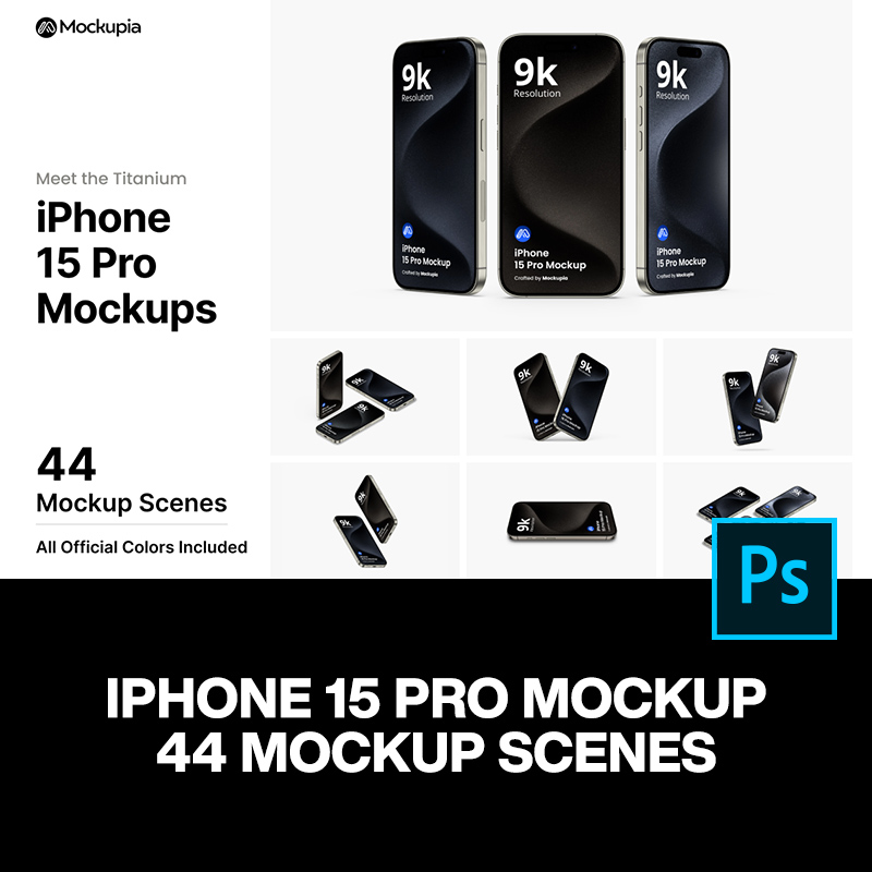 44款iPhone 15手机广告App应用界面设计贴图ps样机素材展示效果图