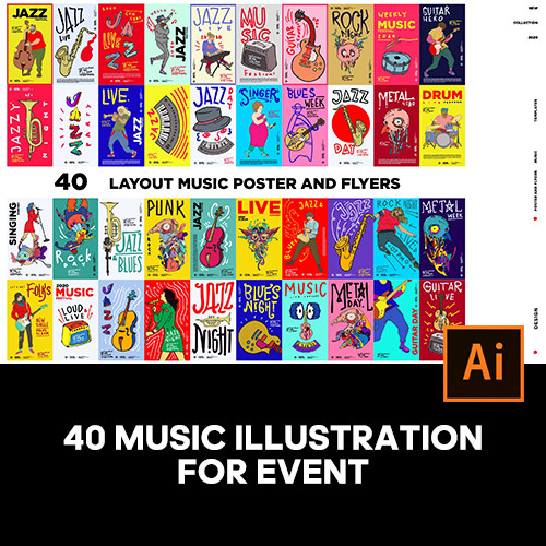 40款潮流手绘插画音乐节演唱会海报招贴主视觉ai设计素材源文件