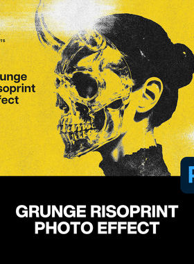 潮流复古单色Riso粗糙做旧朋克艺术人像照片后期ps特效样机模板