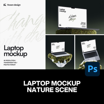 Macbook笔记本电脑草地岩石自然场景UI设计作品展示效果图ps样机