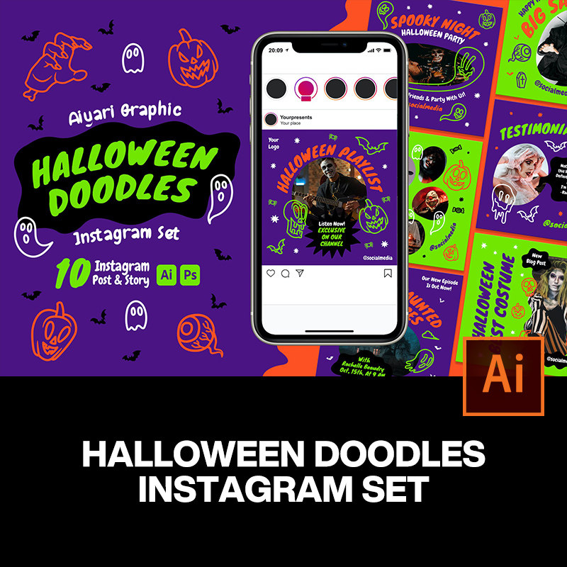 潮流撞色万圣节手绘涂鸦海报ins公众号推文ps版式设计素材模板