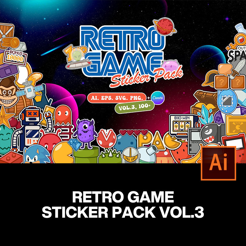 100款潮流趣味卡通形象复古怀旧电子游戏贴纸插图插画ai设计素材