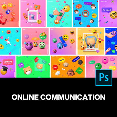 20款创意炫彩3D立体趣味聊天表情包主KV视觉海报设计ps素材源文件