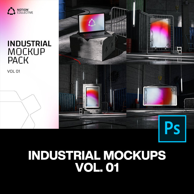 4款工业风海报招贴主视觉设计作品贴图ps样机素材场景展示效果图