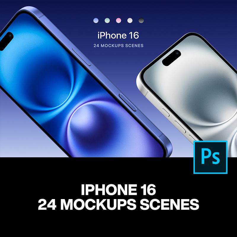 24款多配色苹果iPhone 16手机广告ui作品演示ps样机展示效果图