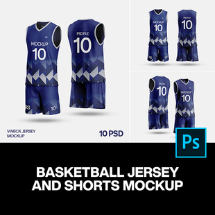 10款V领3D无袖篮球队服套装运动训练服装设计展示效果图ps样机