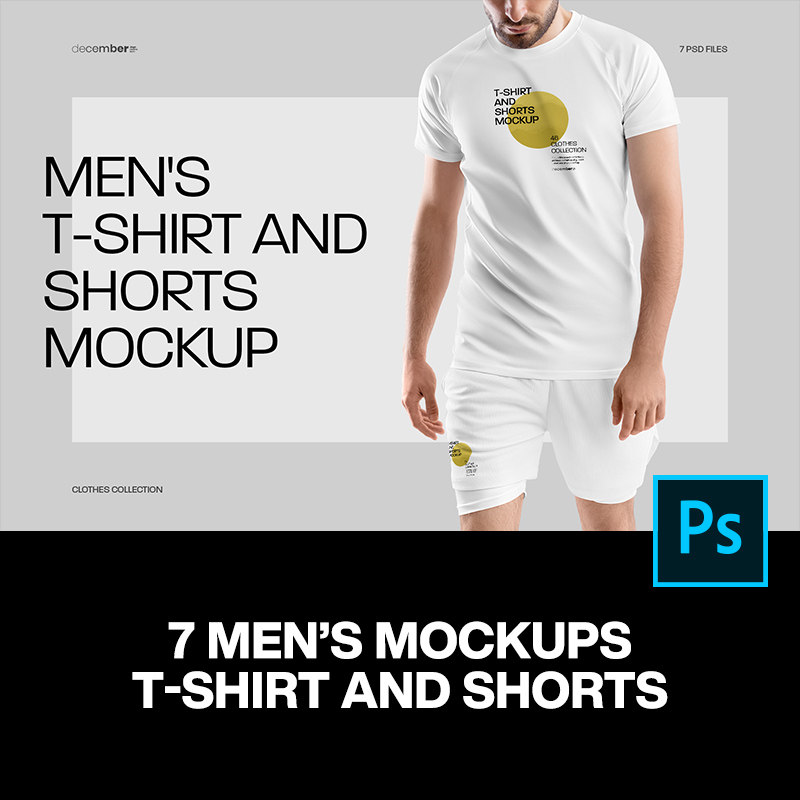 7款男模特短袖T恤短裤套装运动休闲服装设计ps样机素材展示效果图